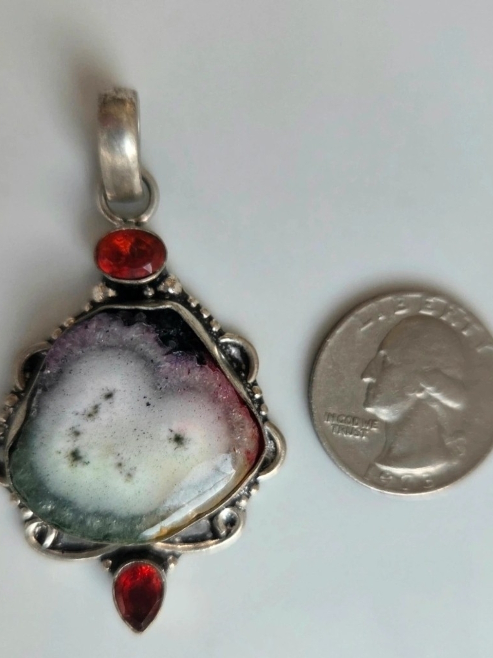 Sterling Silver Multi-Color Agate Pendant with Red Garnet Accents